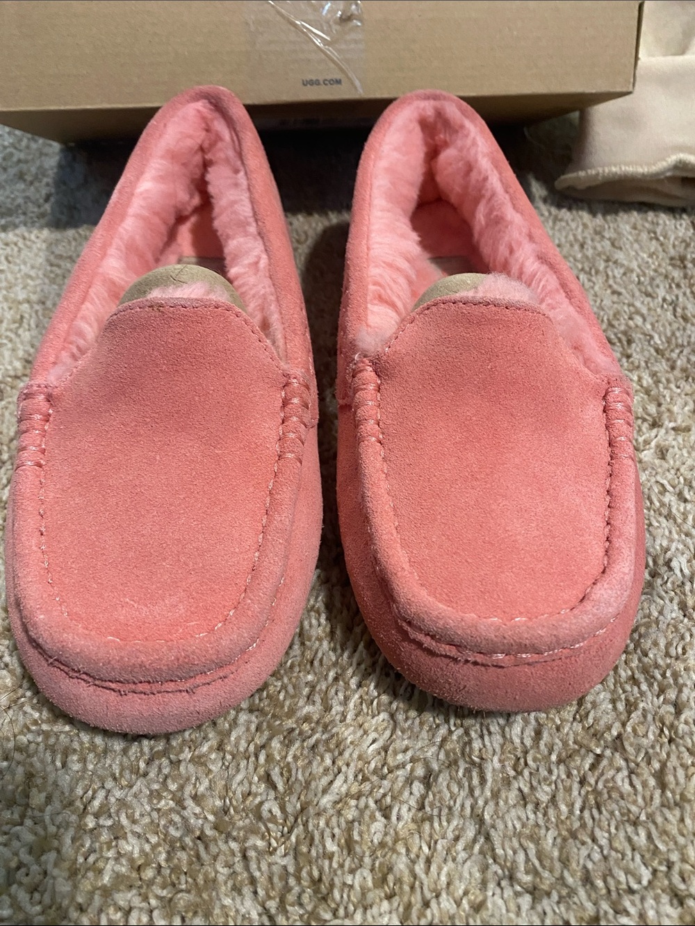 UGG Women’s Coral Pink Suede Moccasin Slippers - Picture 6 of 7